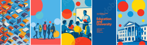 University Education, Learning, Campus Life & Knowledge. Vector illustrations of students, books, university buildings, and classroom learning. Ideal for academic design projects 
