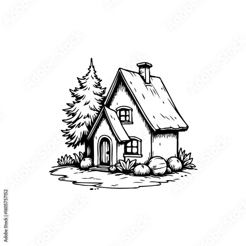 Charming whimsical house drawing illustration amidst nature's tranquility a hand drawn graphic sketch showcases serenity and nostalgia