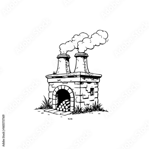 A vintage style factory sketch illustration evoking industrial era pollution with smokestacks and stone structure conveying historical environmental concerns