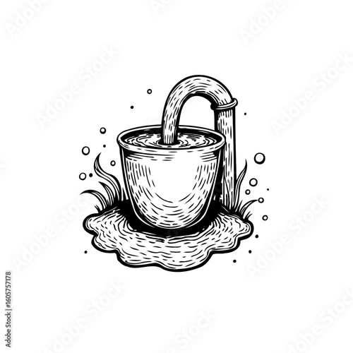 Illustration of a metal cup filling with water from a pipe on white background
