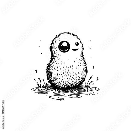 Cute cartoon character with big eyes and fluffy texture standing in puddle isolated design