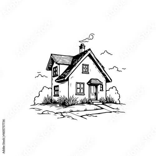 Monochrome vintage style sketch of a cozy house with a chimney surrounded by nature tranquility