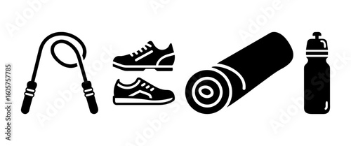Workout gear: shoes, jump rope, yoga mat, water bottle.  A set of icons showing a pair of running shoes, a rolled yoga mat, a jump rope, and a water bottle. Represents fitness equipment and workout.