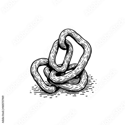 Hand drawn vintage illustration featuring interlocking chains representing strength connection and enduring bonds in monochromatic style