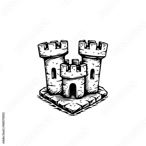 Detailed medieval castle drawing with towers and stone foundation showcasing architectural illustration design for fantasy realm