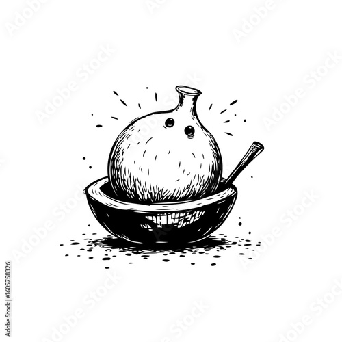 Whimsical bowling ball with quirky expression placed in a coconut shell bowl illustration