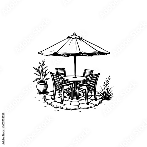 Elegant outdoor dining illustration with umbrella table chairs and plant sketches black white design evokes simplicity