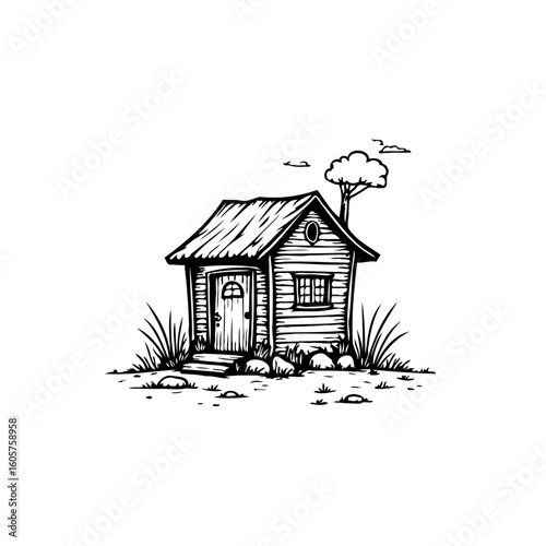 Enchanting rustic cabin drawing isolated standing amidst nature creating a serene and idyllic landscape illustration