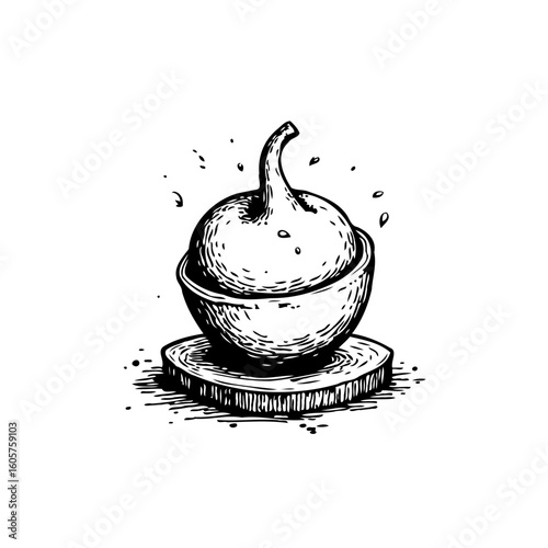 Whimsical illustration of a turnip nestled in a bowl atop a wooden coaster radiates rustic charm and simplistic beauty