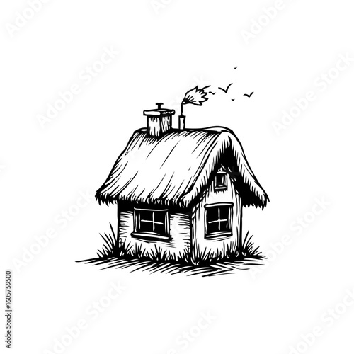A quaint thatch roof cottage, sketch illustration style depicting peaceful country living and architectural rural charm with birds flying above