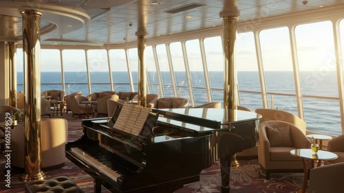 Luxurious cruise ship lounge with ocean view, grand piano and comfortable seating elegant