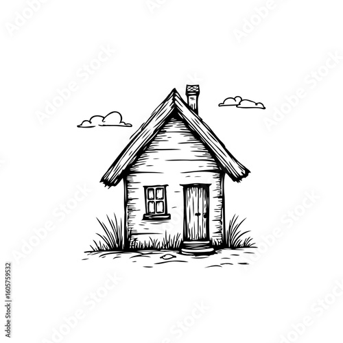 Whimsical cabin illustration: A charming countryside cottage sketch evoking rural tranquility and simplistic rustic living