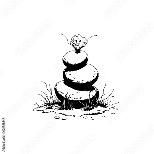 Serene stone balancing art with grass and flower illustration showcasing harmony and equilibrium through nature's design