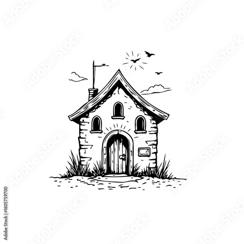 Whimsical hand drawn house illustration with birds flying around a sunny sky creates serenity for children