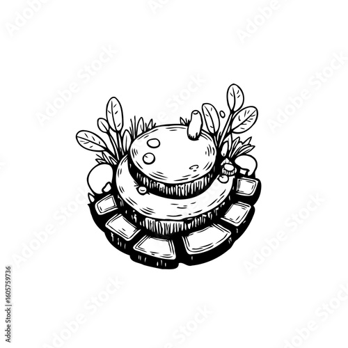 Enchanting sanctuary hand drawn outline illustration featuring mystical elements and a natural aesthetic creating a serene composition