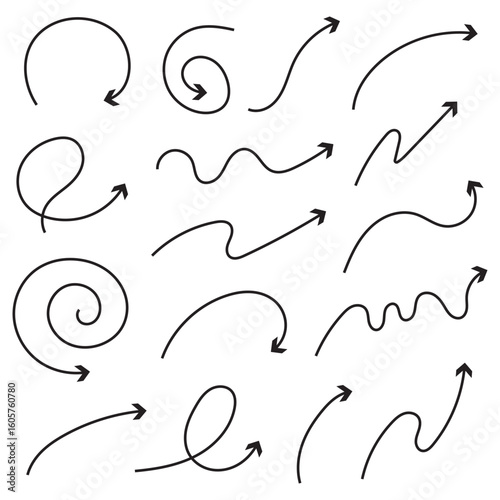 Doodle arrows. Hand drawn line pointers, pencil sketch elements, round curly wavy direction arrows. Vector linear black arrow set