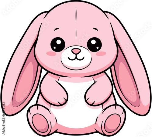 Cute cartoon pink bunny sitting, with large eyes and floppy ears.
