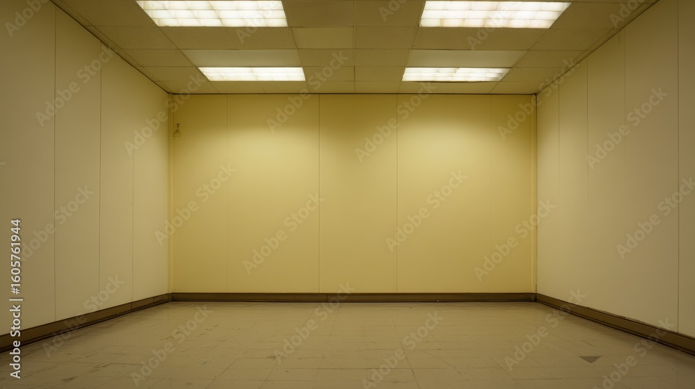 Obraz premium Empty room with yellow walls and fluorescent lighting.