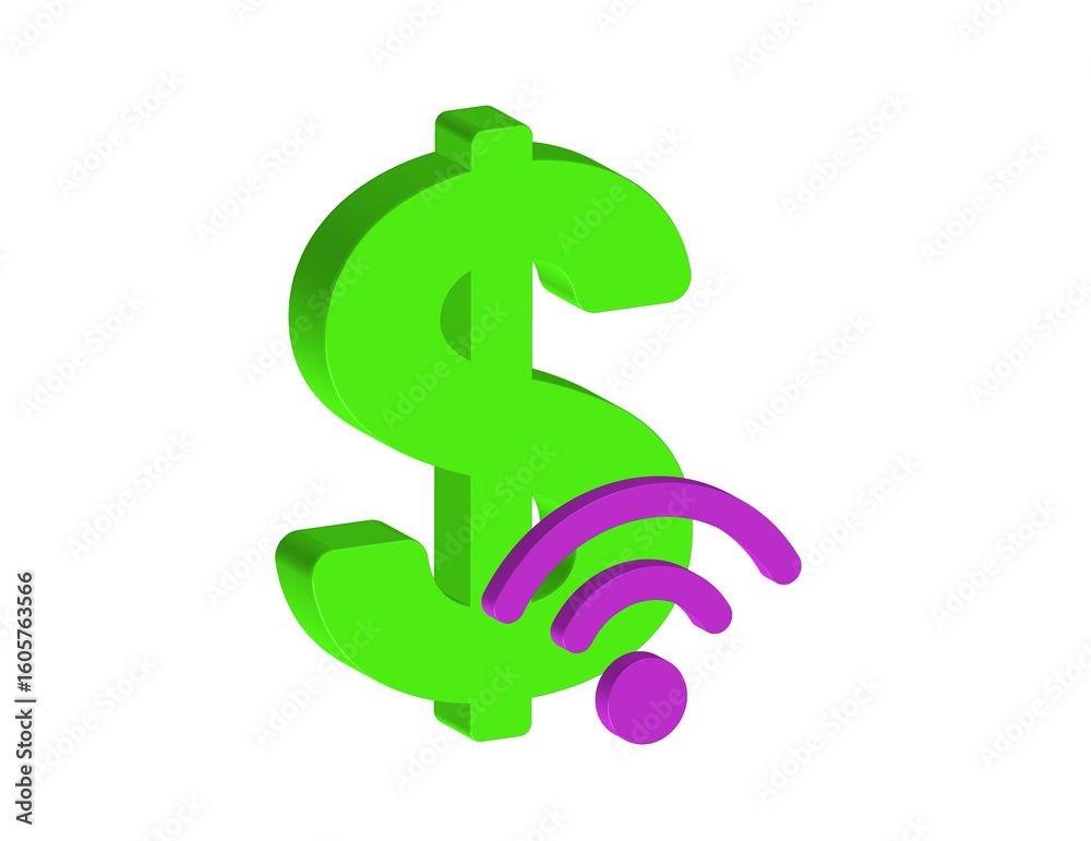 Obraz premium Simple 3D illustration of a money sign with a WiFi signal. Transparent background in PNG format.