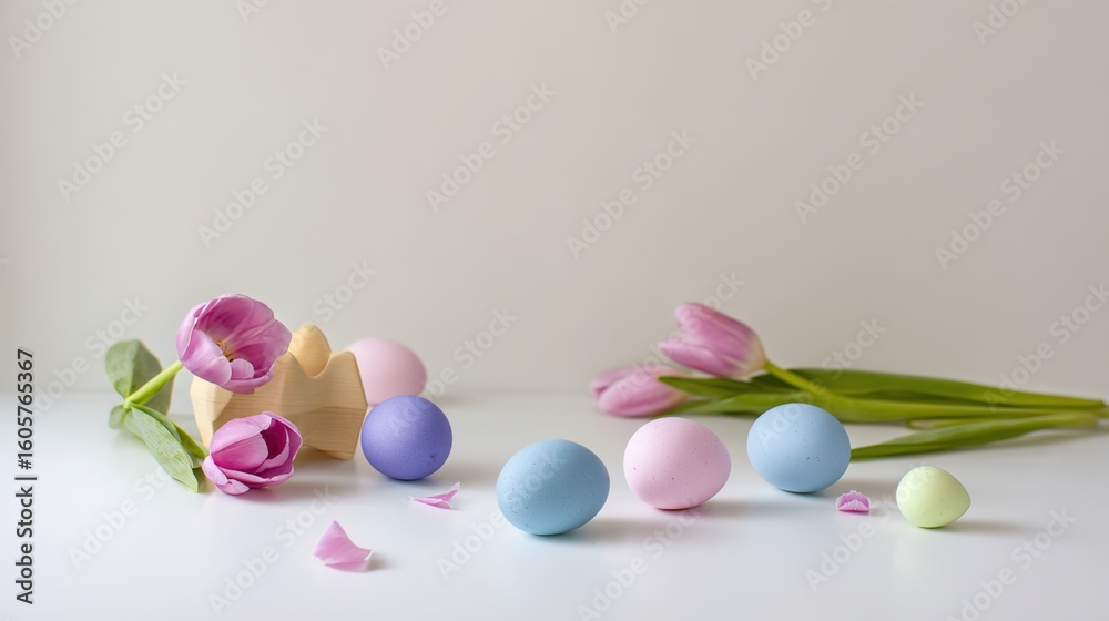 Obraz premium A serene arrangement of Easter eggs and tulips in soft pastel hues, evoking springtime tranquility.