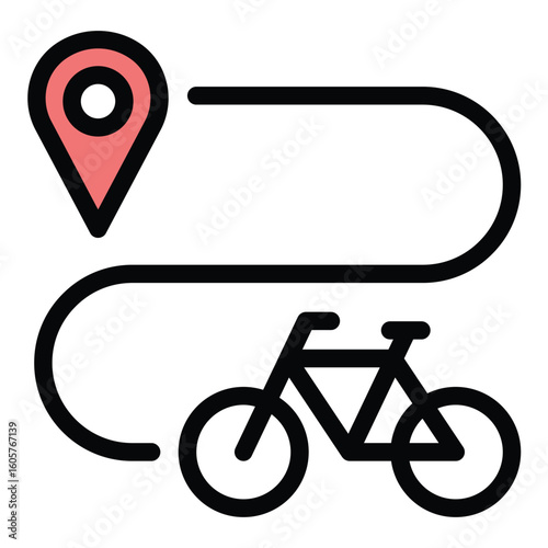 Bike Route icon flat line style illustration depicting a designated path or roadway for cyclists. Ideal for navigation apps, cycling maps, transportation signage, and urban planning visuals