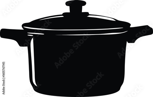 Modern Cooking Pot Silhouette, Black Pressure Cooker Vector with Lid and Handles