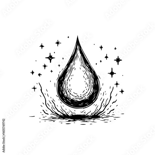 Hand drawn water drop illustration with splash and stars provides a clean and refreshing visual element suitable for various creative projects
