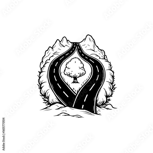 Illustration of winding roads through mountains and trees a journey into nature's embrace with a touch of simplicity