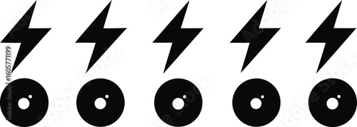 Five black vector lightning bolts above five black circular icons with white pupils thunderbolt