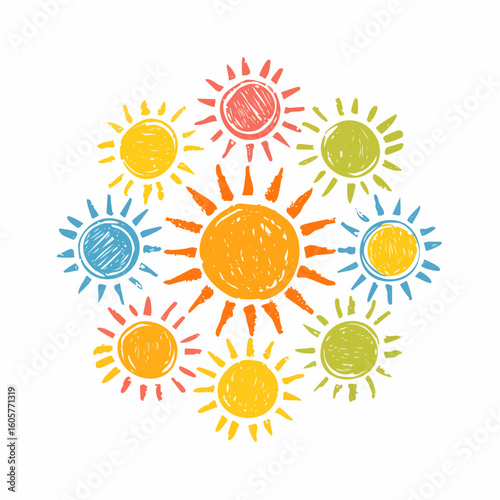 Crayon drawn yellow, red and orange naive sun icons. Vector kid's drawing, crayon pencil doodle sun. Hand drawing chalk scribble.