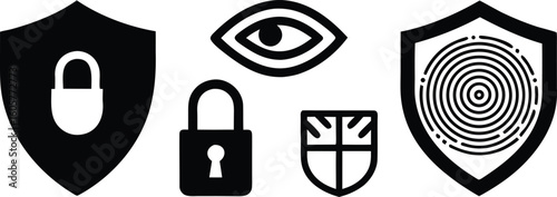 Black minimalist security icons including shields lock and eye symbols protection padlock