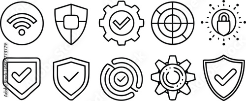 Set of ten black security and technology line icons on white background collection