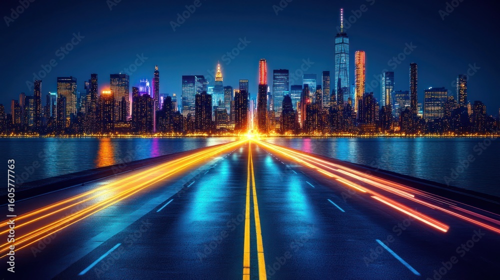 Fototapeta premium Night city skyline with highway. Vivid urban lights and motion blur