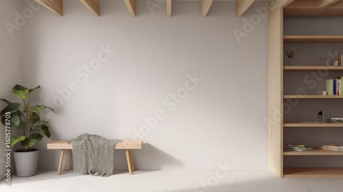 Minimalist interior design with wooden bench and bookshelf.