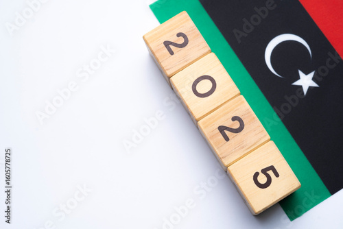 2025, Libya Flag with date block, Concept, Important events for Libya the new year, election, economy, social activities, central bank, Libya foreign policy