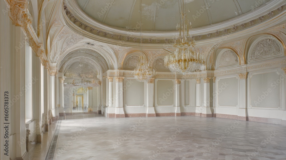 Fototapeta premium Luxurious empty hall with ornate chandeliers and arched windows.