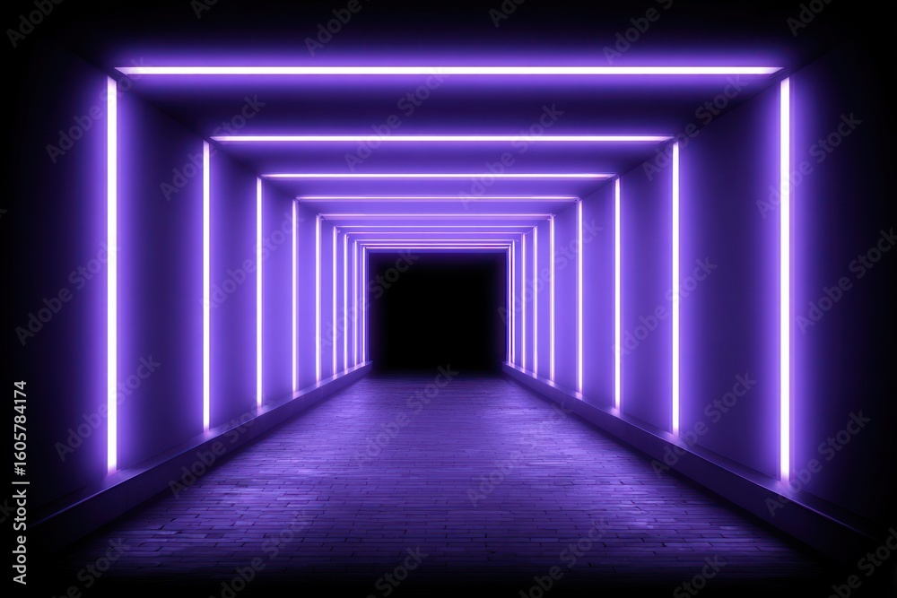 Fototapeta premium Purple neon light tunnel in a dark interior space.