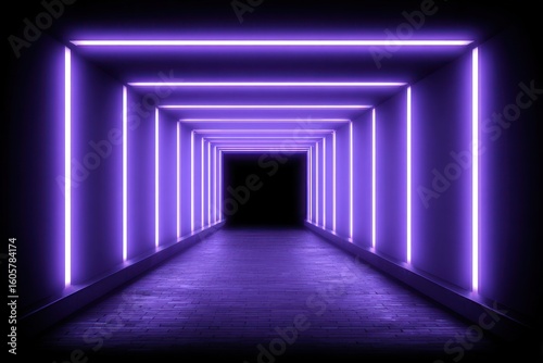 Purple neon light tunnel in a dark interior space.