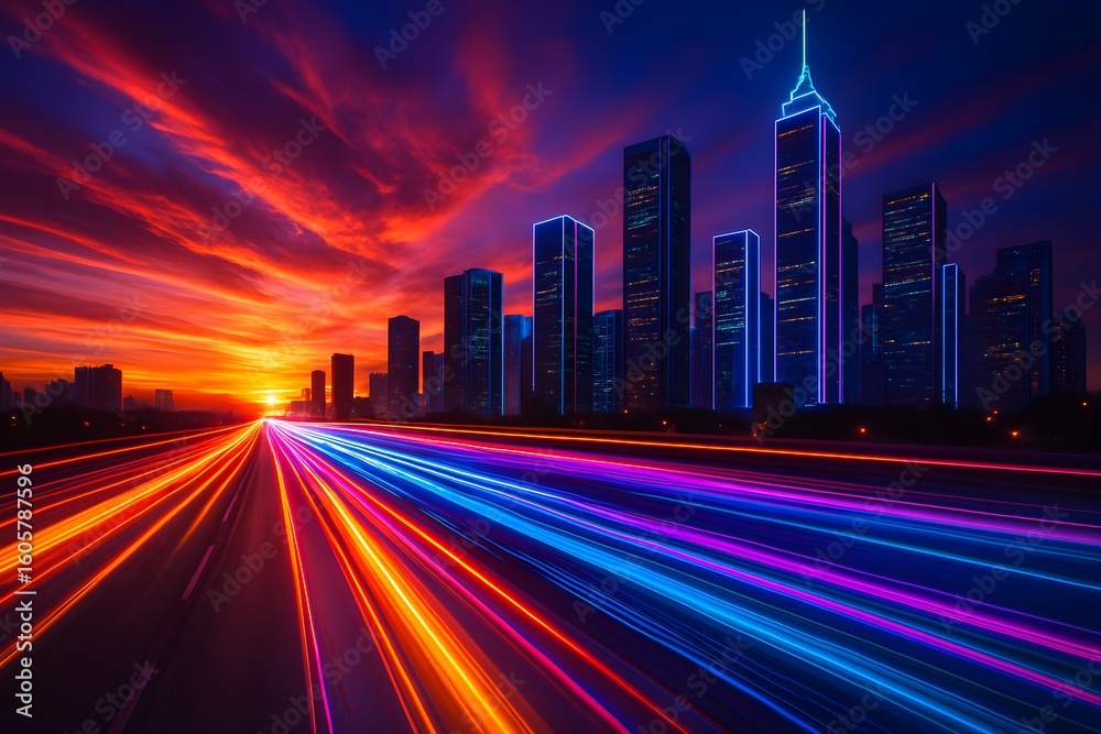Fototapeta premium Vibrant city skyline at dusk with streaks of colorful light trails from fast moving vehicles on a highway creating a dynamic and energetic urban landscape