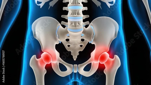 Understanding hip pain causes symptoms and treatment options for joint inflammation relief. Human pelvis illustration shows hip pain. Doctor guideline for hip joint health