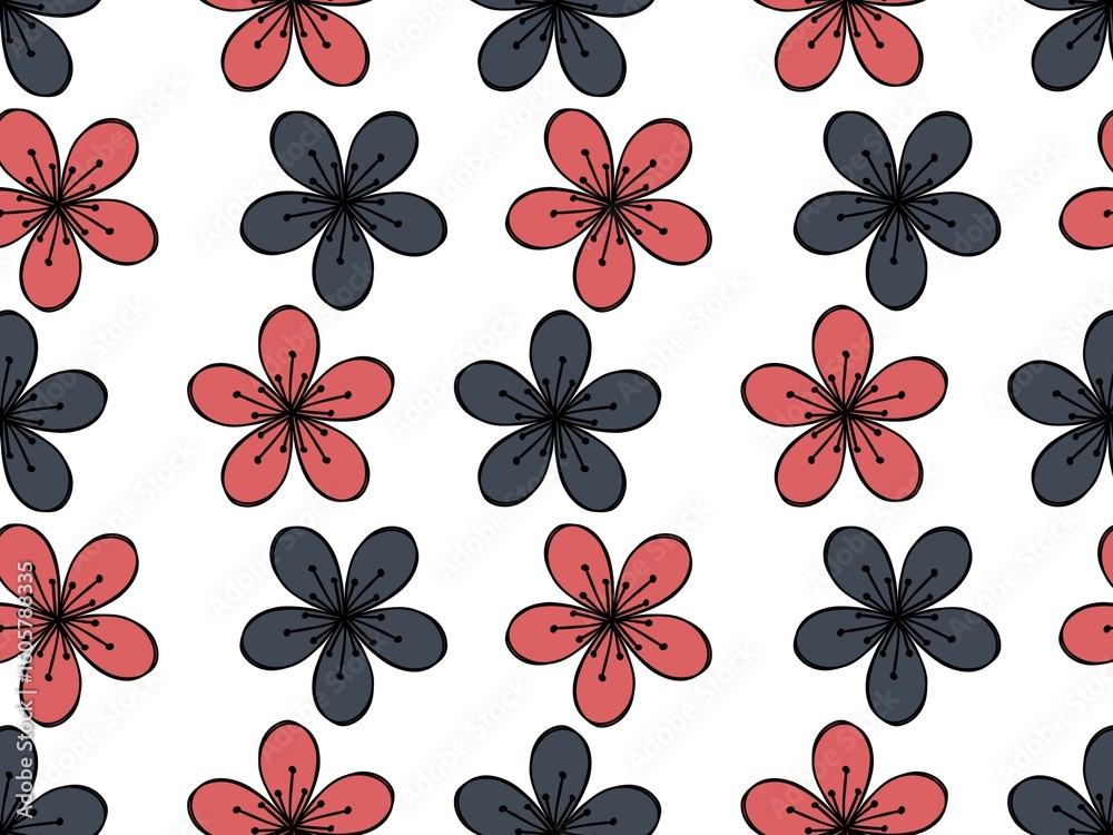Fototapeta premium Repeating raster pattern with blue and red flowers in flat style