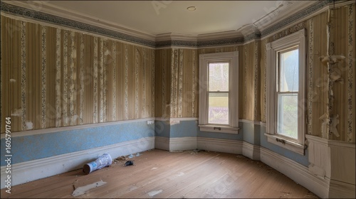 Empty room with stripped wallpaper and wooden floor.