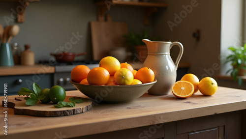 Bowl of Citrus Fruits: A warm and inviting kitchen scene featuring a bowl brimming with oranges and lemons.