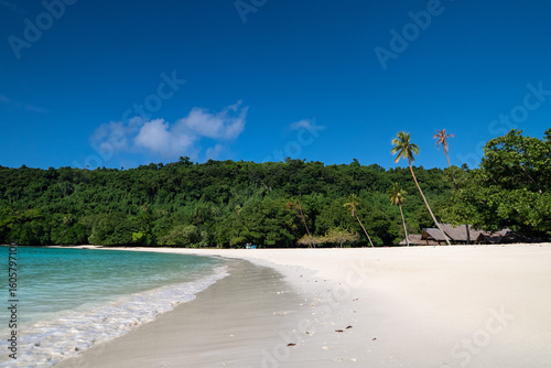 Stunning views of Champagne Beach in Espiritu Santo, Vanuatu on a sunny day with white sand and lush green hills