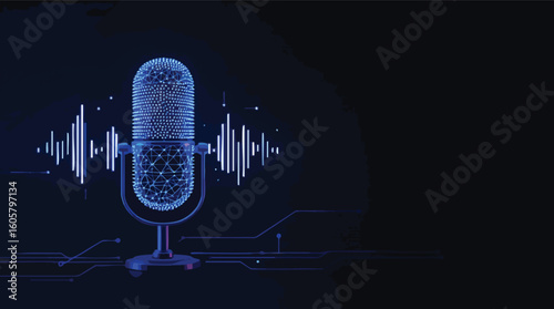 Digital microphone illustration representing sound waves and audio technology on a dark background.