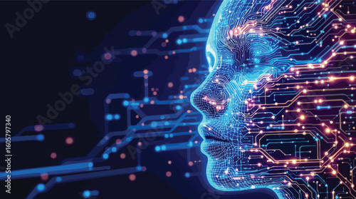 Digital representation of artificial intelligence depicted as a human face with circuitry patterns.