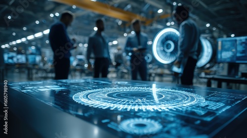 Business Team Meeting In Modern Industrial Facility With Advanced Holographic Interface