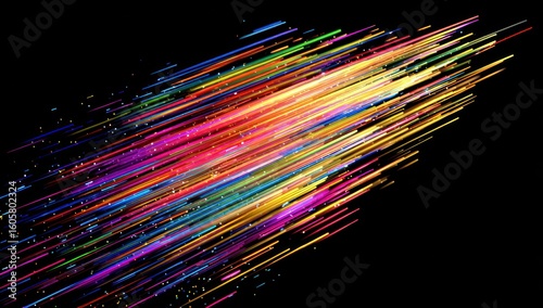 Colorful diagonal lines radiating outward on a black background.