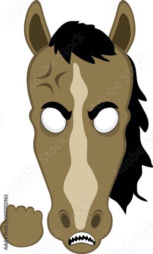 vector illustration character face horse cartoon, with white eyes of angry expression concept, sharp teeth and hand revenge gesture