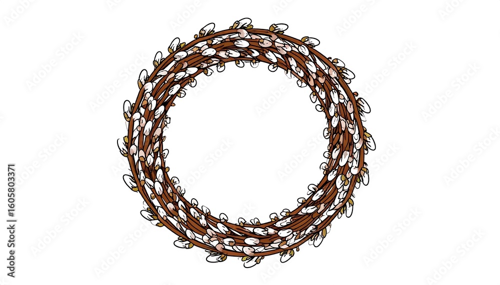 Obraz premium Hand Drawn Spring Easter Wreath with Willow Branches and Catkins on White